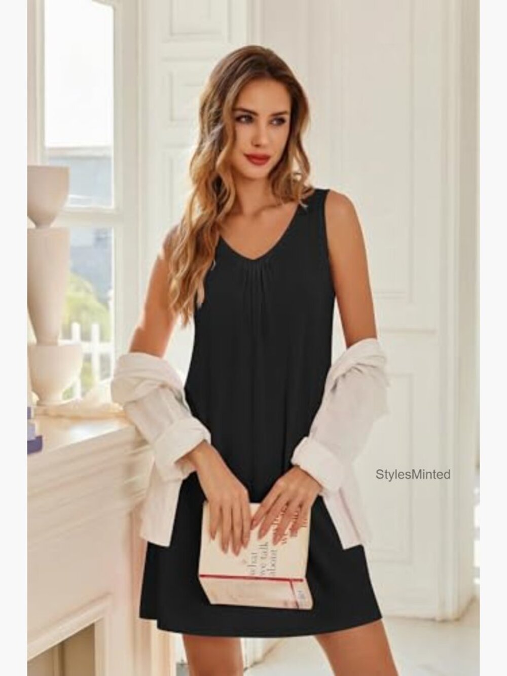 Women's Sleeveless Nightgown Bamboo Viscose Sleep Dress V-Neck Tank - Picture 4 of 7